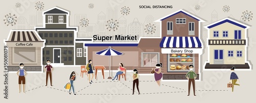  Stay safe,Keep distance in public society people to protect from COVID-19 coronavirus,Social distancing -vector illustration