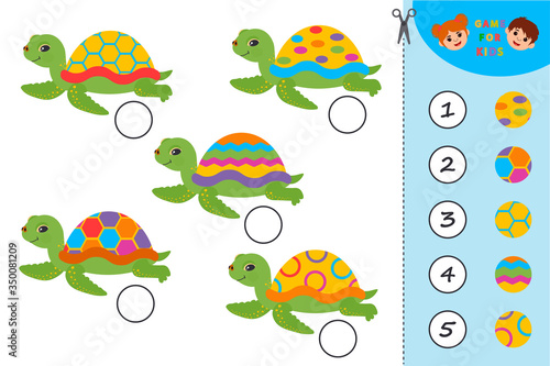 Game for Preschool Children. Match parts of cute cartoon turtles. ctivity page for kids. Children funny riddle entertainment