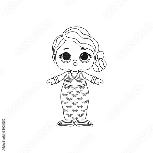 Cute Lol doll. Coloring book for kids. Black and white vector illustration. Design for baby girl t-shirt, decoration birthday invitation