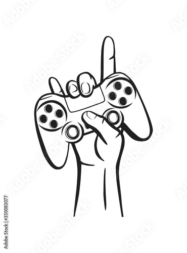 Vector illustration of a gamepad with hand and rock and roll sign.Logo for teen gamer with joystick for print and web. Image of a game console for lovers of video and computer games