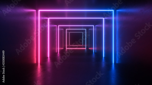 neon light shapes on black background,rainbow colors, empty space,  80's retro style, fashion show stage, abstract background, 3d rendering,conceptual image © Shuo