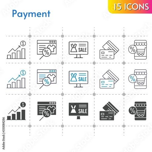 payment icon set. included profits, online shop, credit card icons on white background. linear, bicolor, filled styles.
