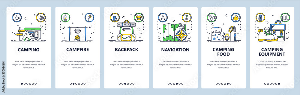 Camping website and mobile app onboarding screens vector template Camping website and mobile app onboarding screens vector template