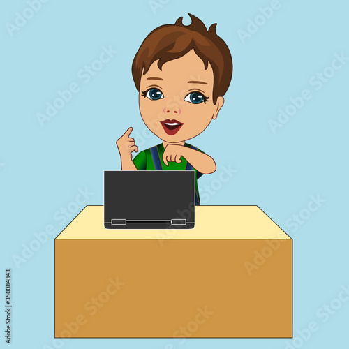 emoji with boy that is pressing a notebook keyboard button with finger, colored vector emoticon