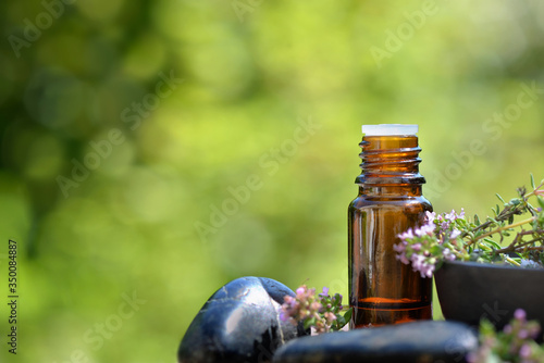 bottle of essential oil and flowers of aromatic herb on and pebble on green background