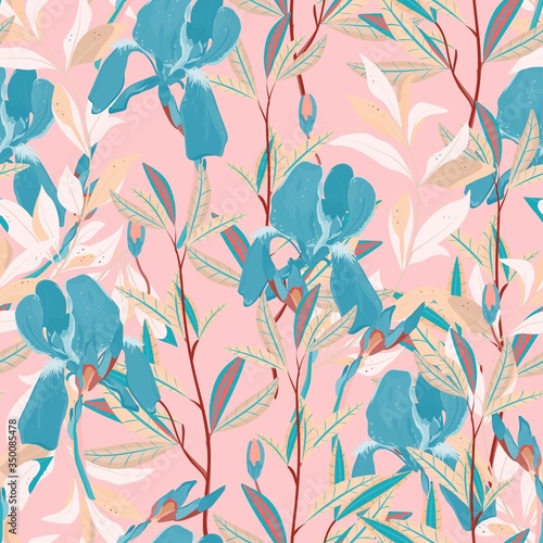 Seamless vector floral pattern. Arrangement lilac iris flowers by delicately green leaves on a white background. Hand-drawn illustration. Square repeating pattern for fabric and wallpaper