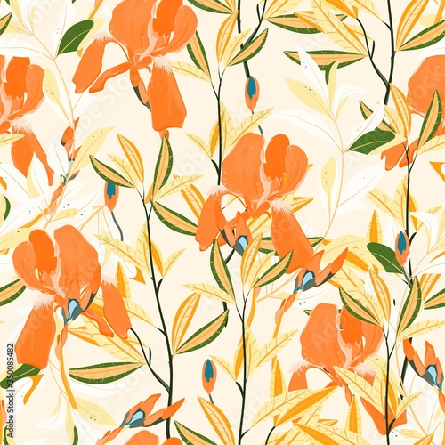 Seamless vector floral pattern. Arrangement lilac iris flowers by delicately green leaves on a white background. Hand-drawn illustration. Square repeating pattern for fabric and wallpaper