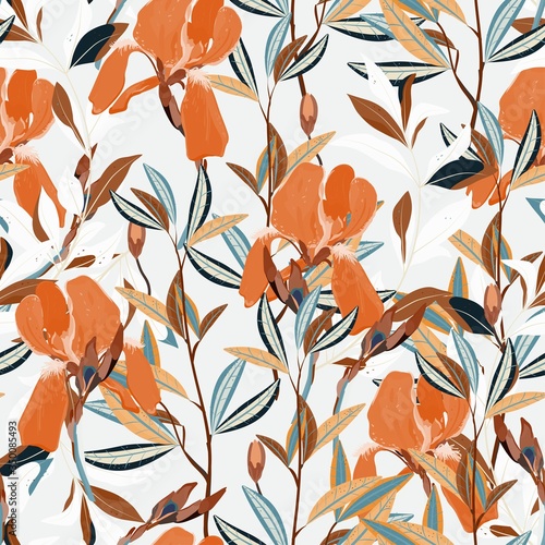 Seamless vector floral pattern. Arrangement lilac iris flowers by delicately green leaves on a white background. Hand-drawn illustration. Square repeating pattern for fabric and wallpaper