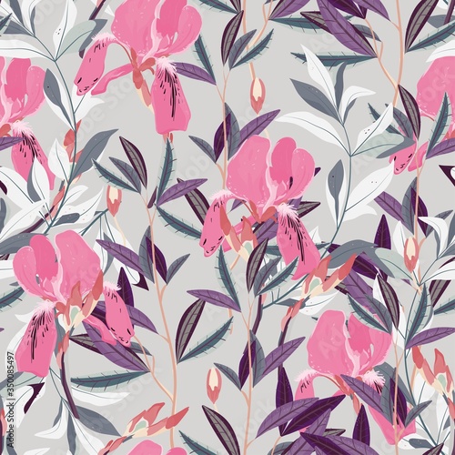 Seamless vector floral pattern. Arrangement lilac iris flowers by delicately green leaves on a white background. Hand-drawn illustration. Square repeating pattern for fabric and wallpaper