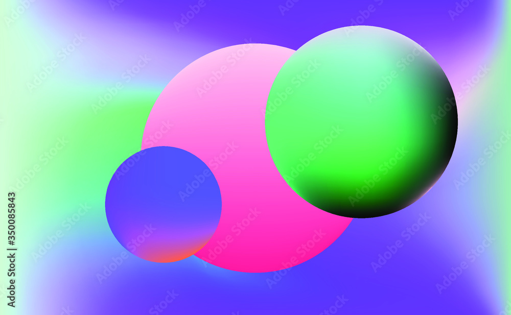 Colorful gradient spheres on iridescent holographic background . Surreal vivid blurred backdrop and wallpaper.