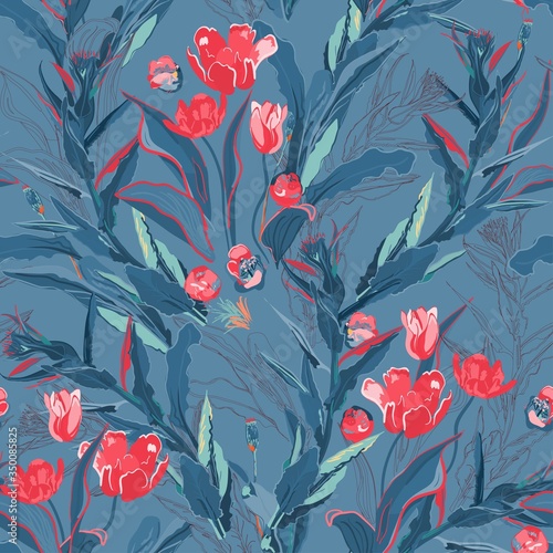 Inflorescences of yellow tulip flowers in dense green thickets of leaves and twigs of grass on a white background. Hand-drawn seamless vector pattern. Square repeating design for fabric and wallpaper