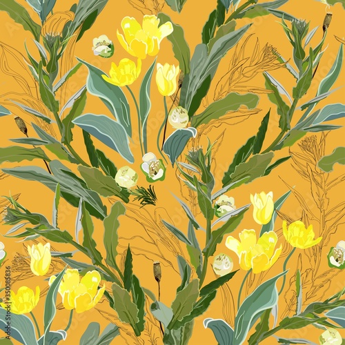 Inflorescences of yellow tulip flowers in dense green thickets of leaves and twigs of grass on a white background. Hand-drawn seamless vector pattern. Square repeating design for fabric and wallpaper