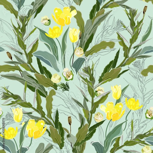 Inflorescences of yellow tulip flowers in dense green thickets of leaves and twigs of grass on a white background. Hand-drawn seamless vector pattern. Square repeating design for fabric and wallpaper