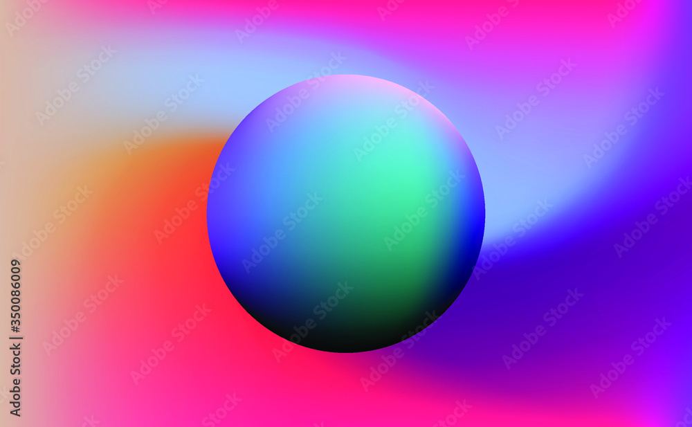 Colorful gradient sphere on iridescent holographic background . Surreal vivid blurred backdrop and wallpaper.