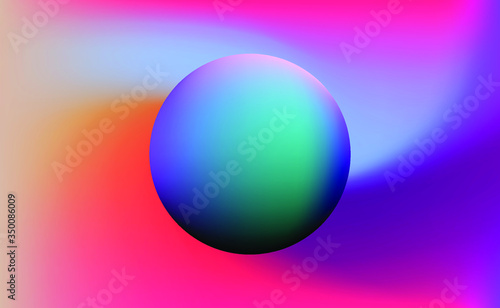 Colorful gradient sphere on iridescent holographic background . Surreal vivid blurred backdrop and wallpaper.