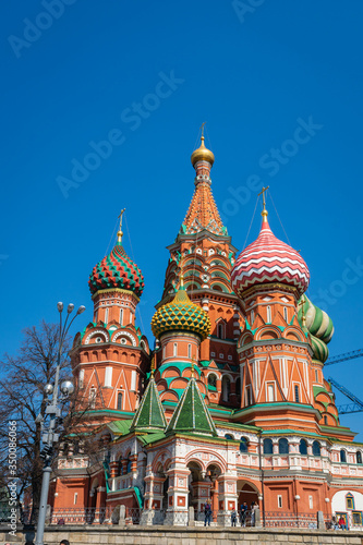  St Basil`s Cathedral on Red Square in Moscow, Russia. St Basil`s temple is one of top tourist attractions of Moscow. Ancient architecture of Moscow.