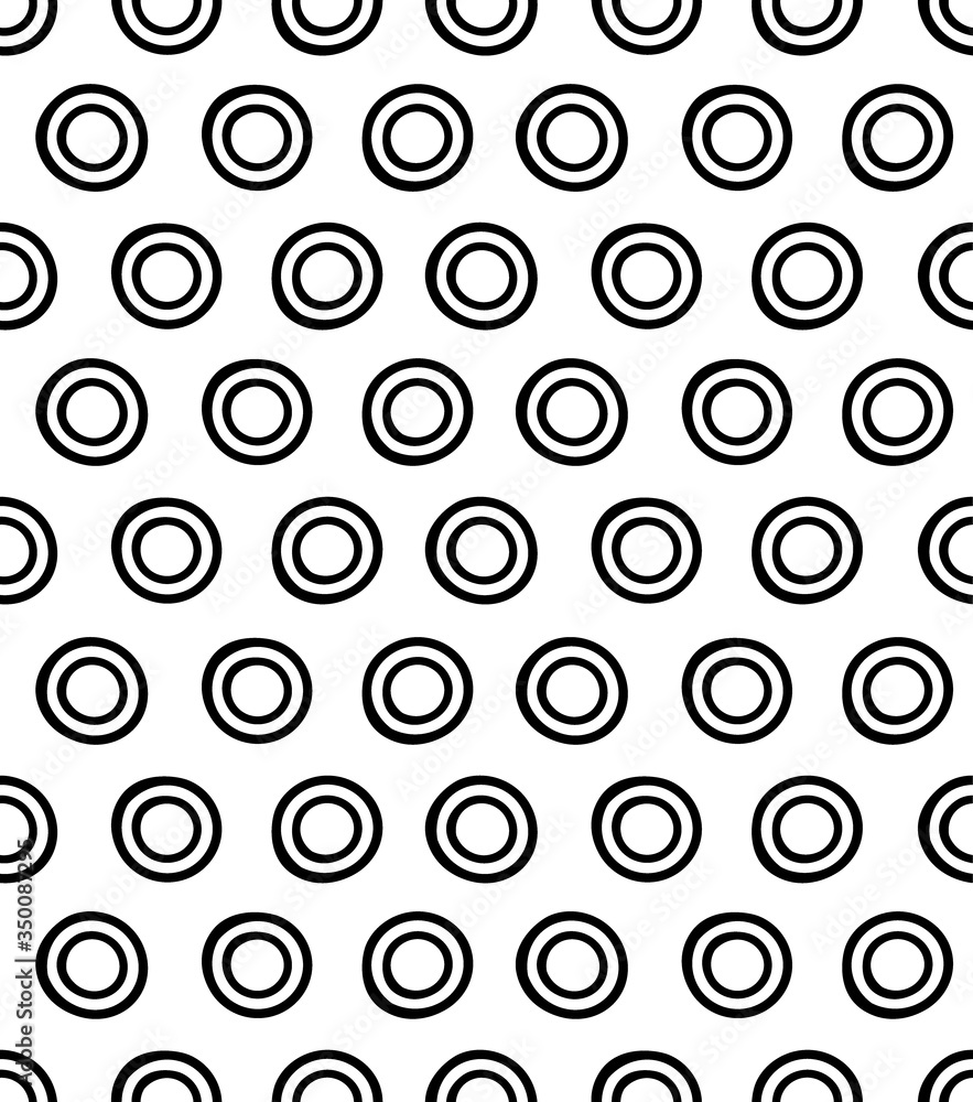 Circles seamless paattern. Hand made black round shapes on white background. Simple pattern for fabric, textile, wrapper paper. Vector illustration