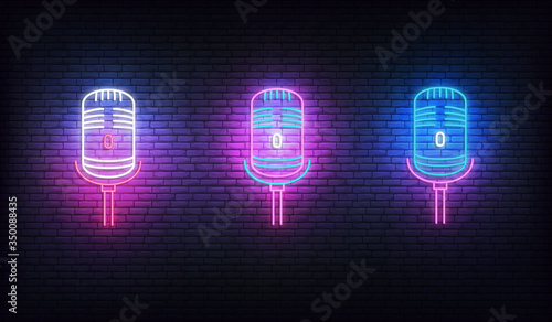 Neon microphones. Set of glowing neon microphones