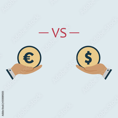 dollar vs euro on hands. vector symbol flat style