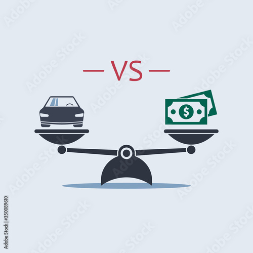 car vs dollar money icon on scale. vector symbol in flat style. buying car concept