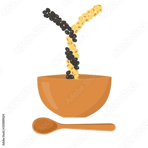 black beans and soybeans falling into a wooden bowl with a wooden spoon