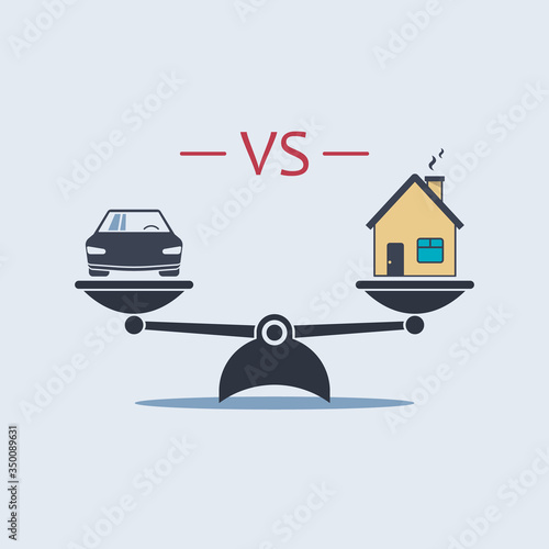 car vs house icon on scale. vector symbol in flat style