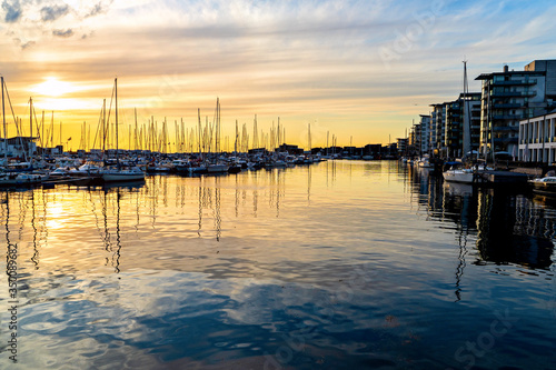 Sunset in Harbour full of sailboats in Helsingborg  Sweden. Summer in Southern Sweden concept