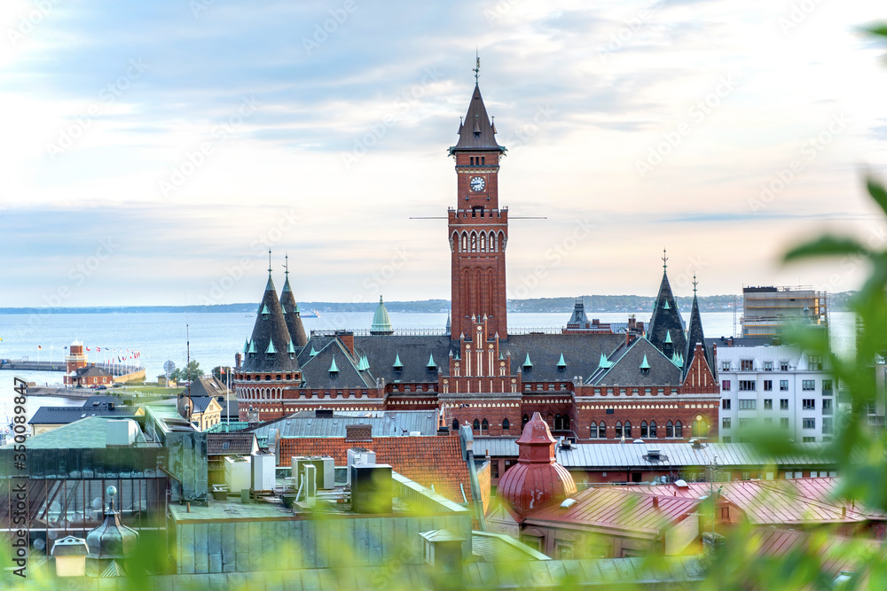 View on City Hall of Helsingborg city and strait between Sweden and Denmark