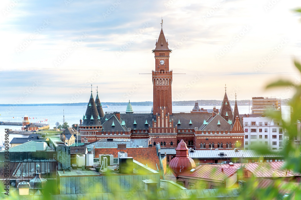 View of the City Hall of Helsingborg city an strait Oresund between Sweden and Denmark