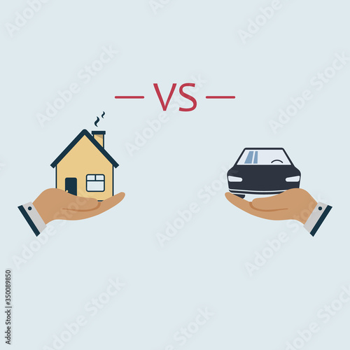car VS house on hand icon. vector symbol flat style