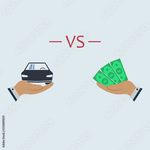 car vs dollar money icon on hand. vector symbol in flat style. buying car concept