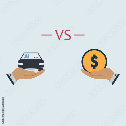 car vs dollar money icon on hand. vector symbol in flat style. buying car concept