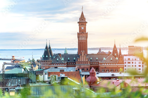 Quadro em tela Sunset view on City Hall of Helsingborg and strait between Sweden and Denmark