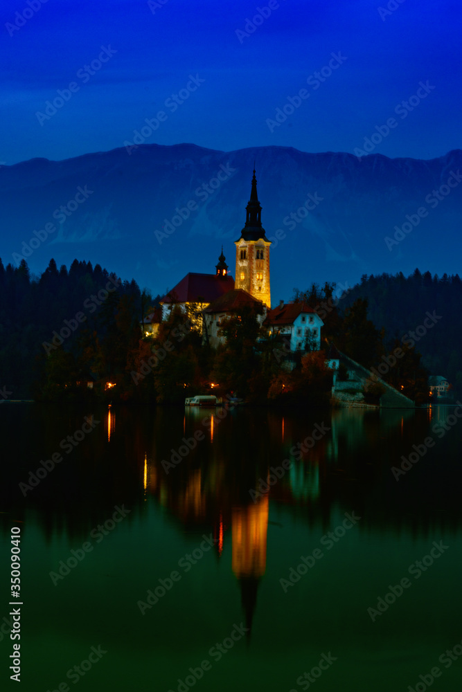 night on Lake Bled and reflection in the water