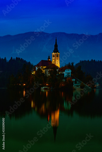 night on Lake Bled and reflection in the water