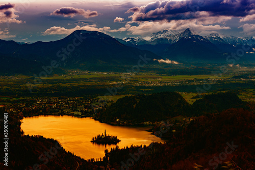 bled lake at sunset seen from the heights