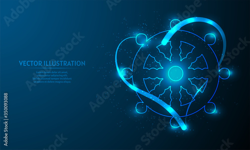 Glowing buddhist symbol on blue abstract background.  buddhist symbol backgraound. lines and triangles on blue background.