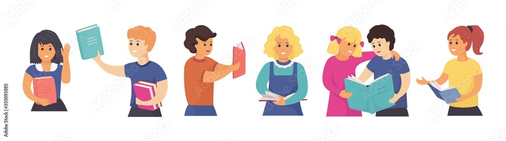 Children reading together. Hand drawn students and school kids holding books and learning. Vector illustration cartoon cute children studying homework Children reading together. Hand drawn students and school kids holding books and learning. Vector illustration cartoon cute children studying homework