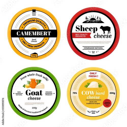 Cheese label. Cow goat sheep dairy products label with branding, milk products design template. Vector rounded labels for packaging natural cheese isolated set