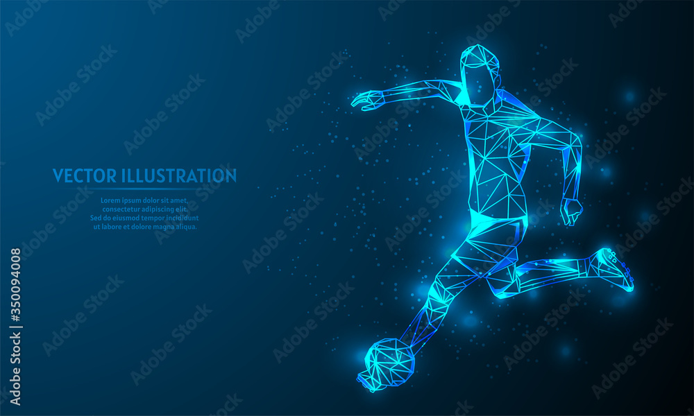 Glowing soccer on blue abstract background. low poly soccer  backgraound. lines and triangles on blue background.