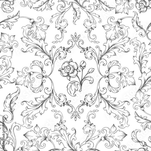 Baroque ornament pattern. Decorative floral border elements with engraved leaves, vintage victorian seamless texture. Vector heraldic wallpaper photo