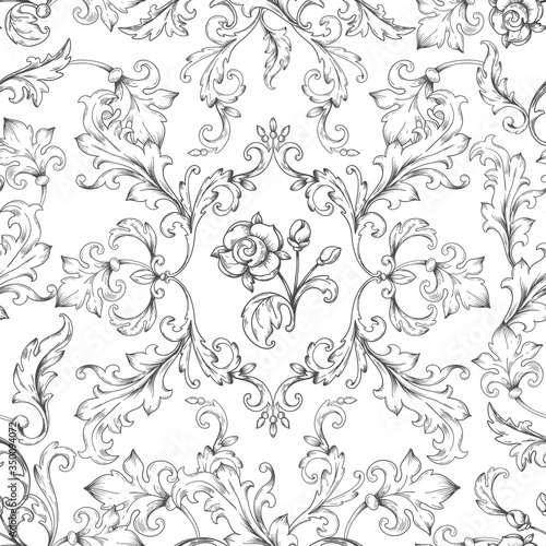 Baroque ornament pattern. Decorative floral border elements with engraved leaves, vintage victorian seamless texture. Vector heraldic wallpaper