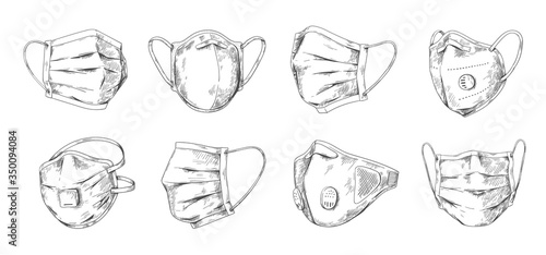 Medical mask. Hand drawn respiratory breathing masks and face respirator, flu pneumonia and corona virus prevention. Vector doodle portrait face masking for safety health from disease
