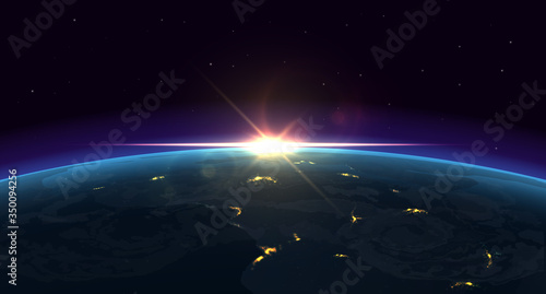 Earth view. Realistic night background of planet with glowing blue atmosphere and city lights from outer space. Vector illustration space view on light horizon sunrise