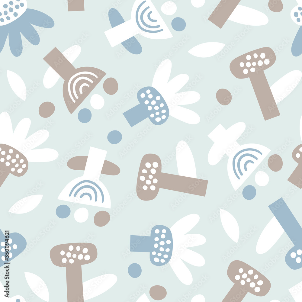 Childish seamless pattern with decorative flowers in baby style. Perfect for kids fabric, textile, nursery wallpaper. Vector Illustration. Pastel color background.