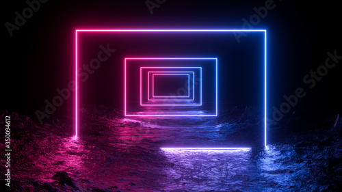neon light shapes on black background,rainbow colors, empty space, 80's retro style, fashion show stage, abstract background, 3d rendering,conceptual image.