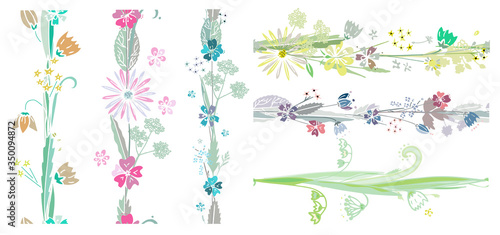 Very beautiful vector set of isolated on white floral horisontal endless brushes in bright colors - yellow, pink, green, blue