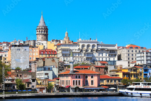 View from water on Galata Tower and Beyoglu district, Istanbul, Turkey