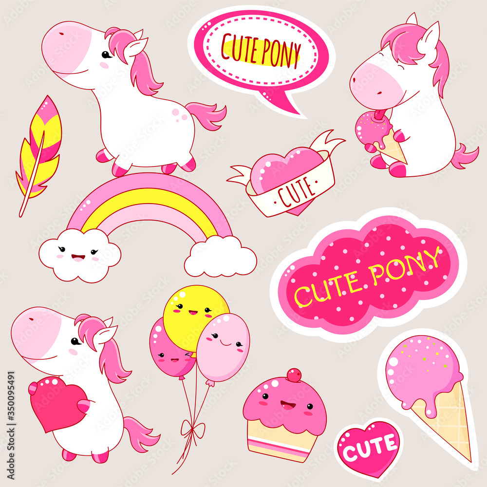 Set of cute white pony in kawaii style