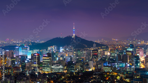 Downtown cityscape at night in Seoul  South Korea.